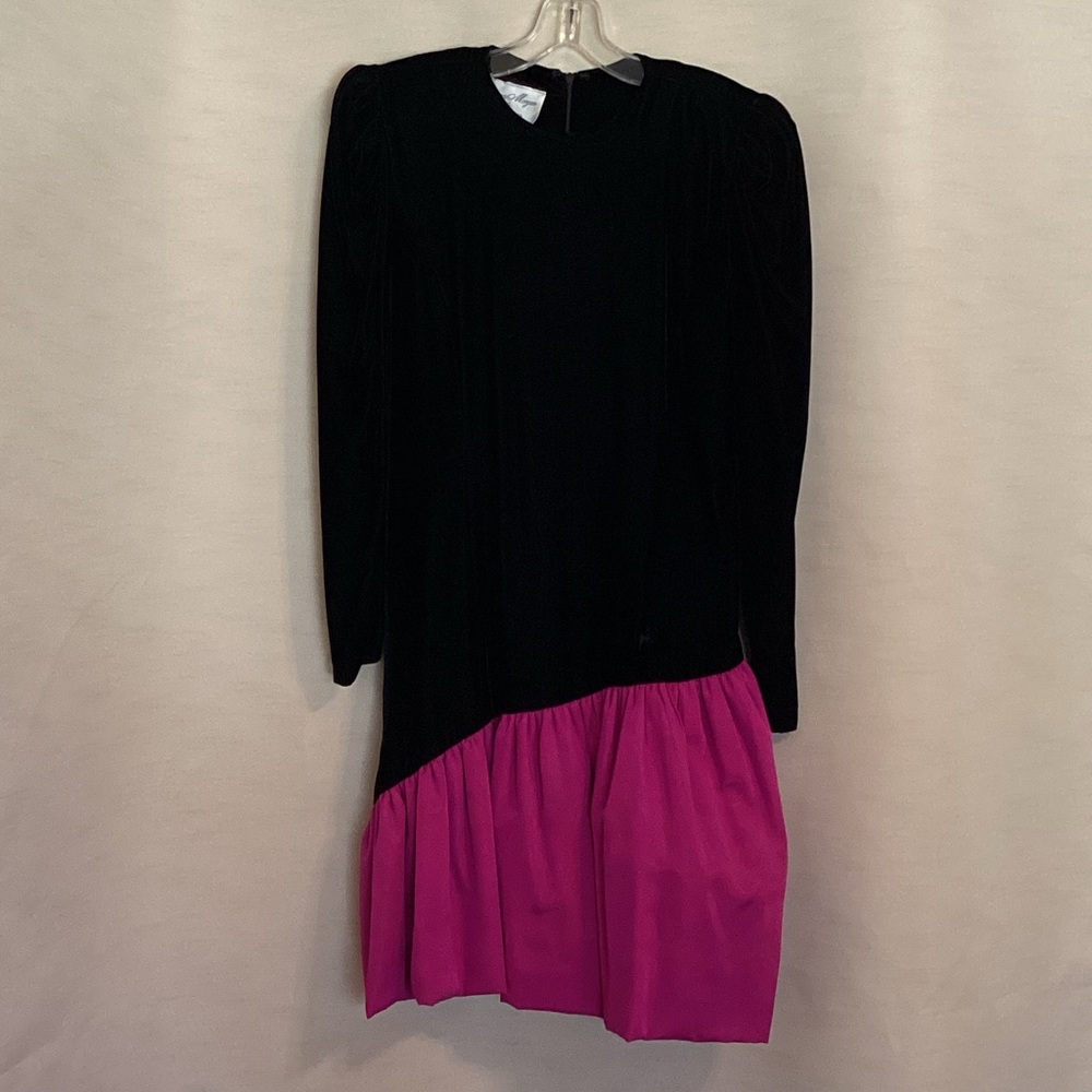 VINTAGE Black Velvet Dress with Fuchsia Hem